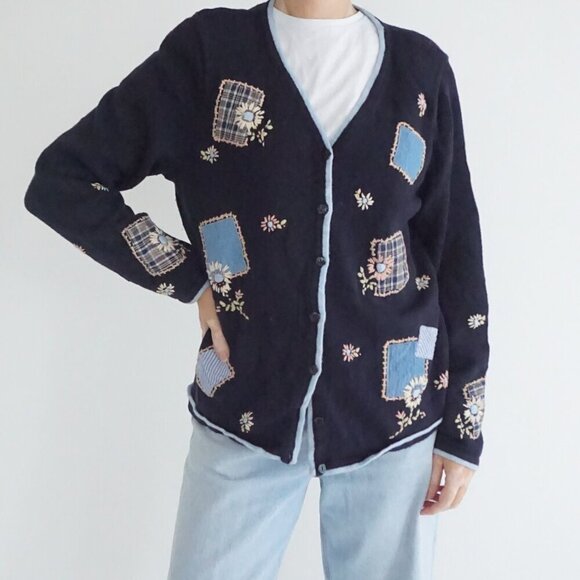 Sweaters - Vintage CJ Banks Navy Patch Floral Hand Embroidered Button Cardigan Sweater X